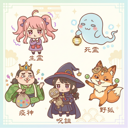 日蓮宗が説く五段の邪気（生霊、死霊、野狐、疫神、呪詛）のかわいいイラスト