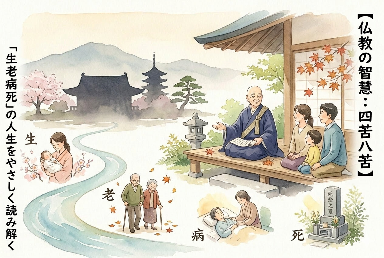 四苦八苦と生老病死を表す仏教の教えのイメージ