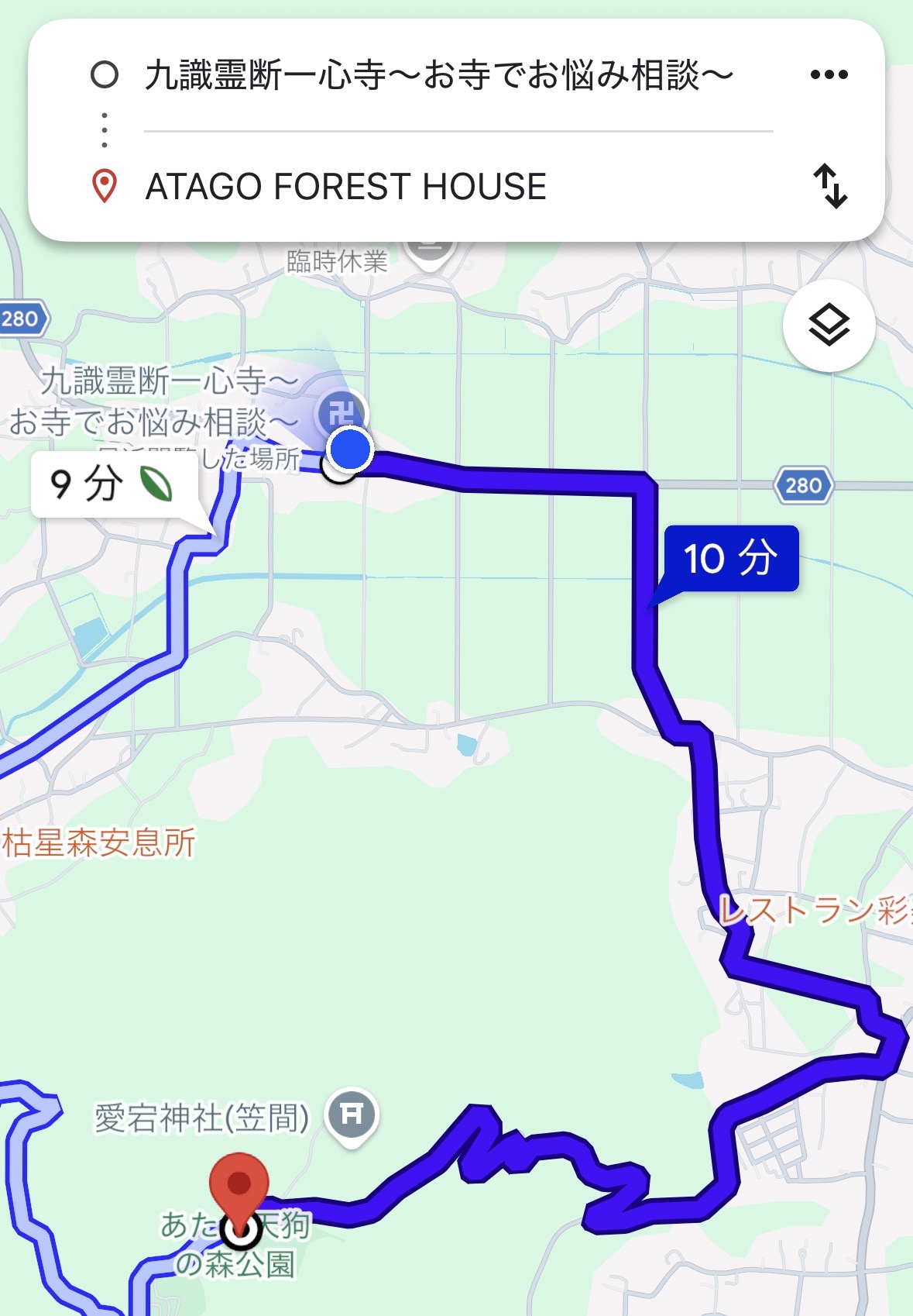 一心寺からあたごフォレストハウスまでの案内地図