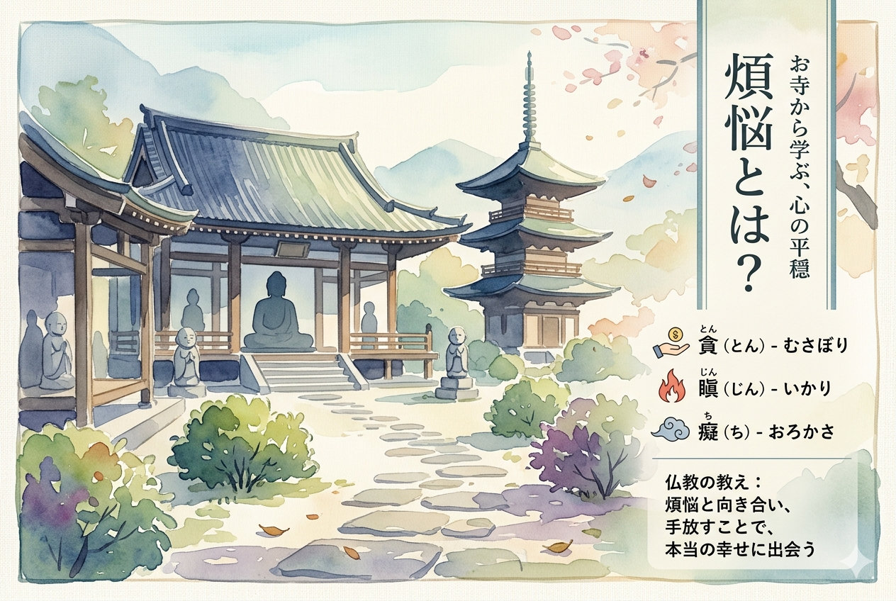 仏教でいう煩悩を表す静かな寺院と心の迷いをイメージした風景