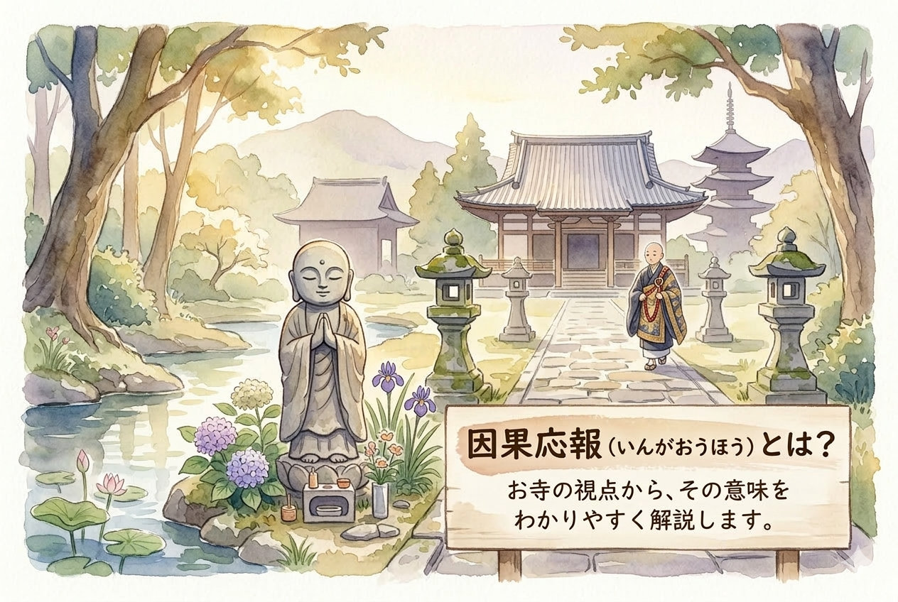仏教の教え「因果応報」を表す静かな寺院の風景