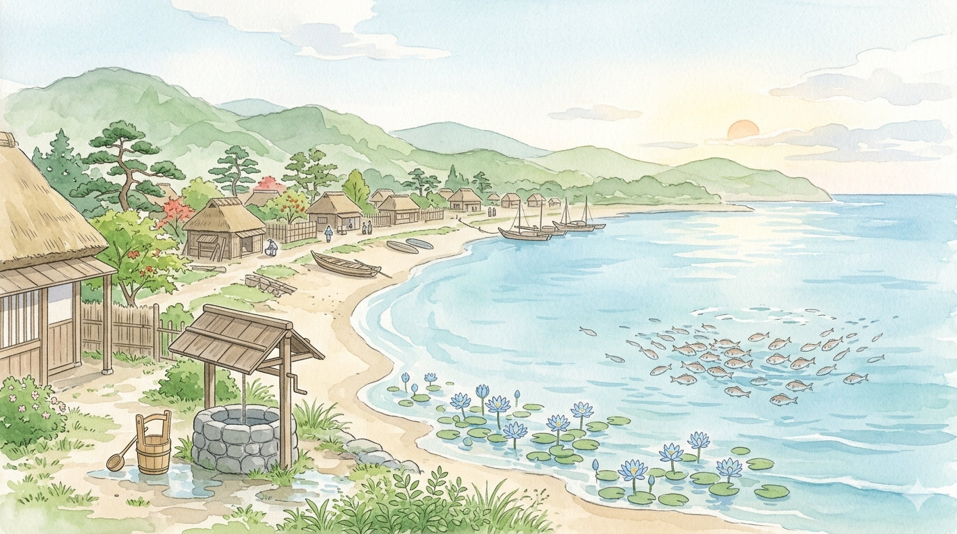 鎌倉時代の安房国の漁村を描いた水彩風イラスト