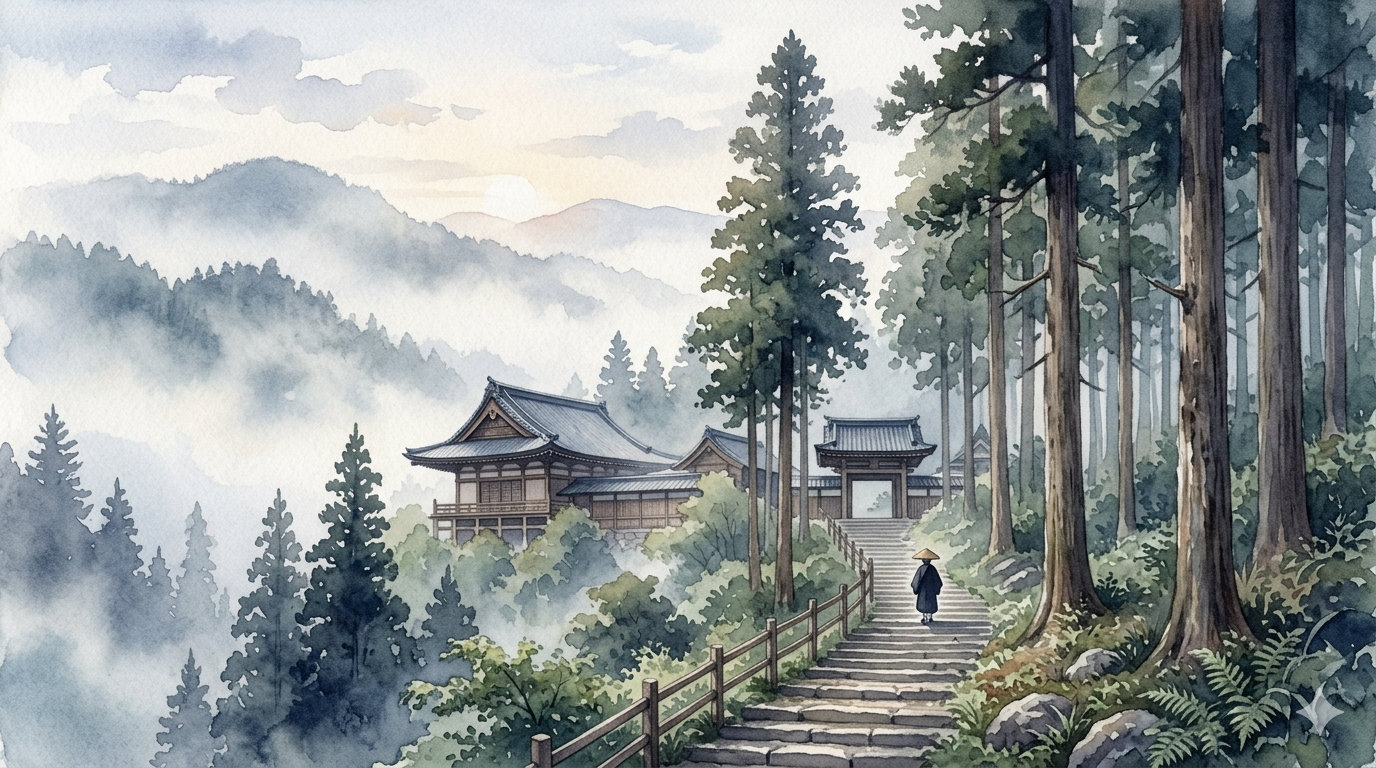 清澄寺で修行する若き日の日蓮聖人を描いた水彩風イメージ