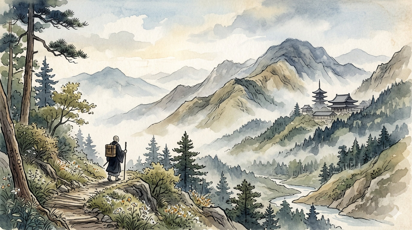 若き日蓮聖人が比叡山や高野山で仏教の教えを学ぶ姿をイメージした風景