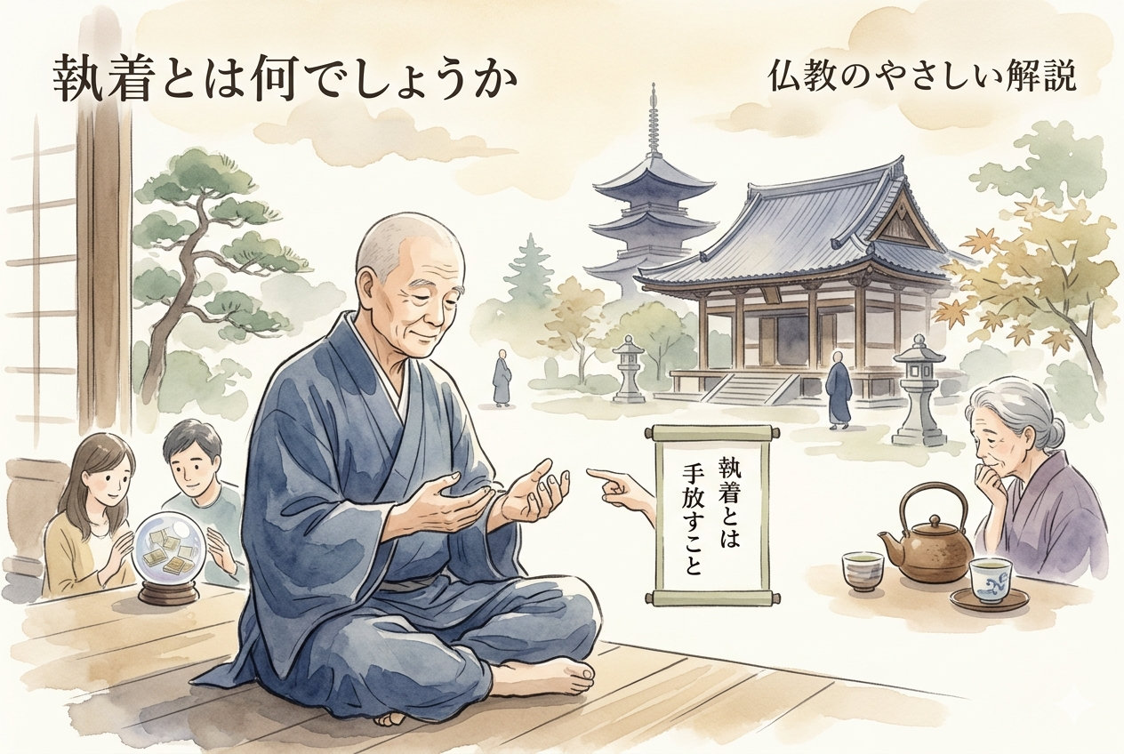 仏教でいう執着をイメージした静かな寺院の風景と落ち着いた心のイメージ