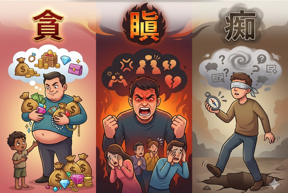 仏教の三毒である貪・瞋・痴の概念図