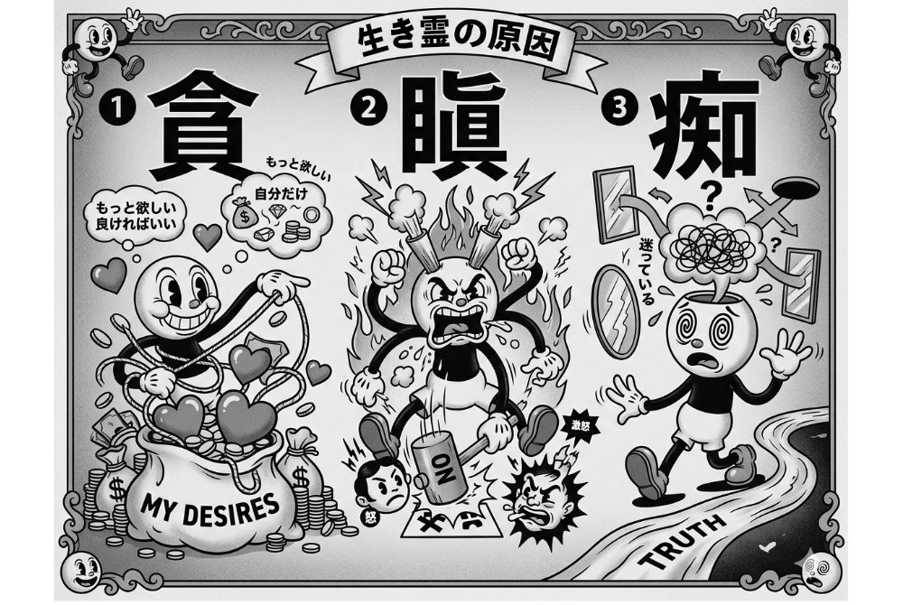 仏教の三毒（貪・瞋・痴）の概念を表すイメージ